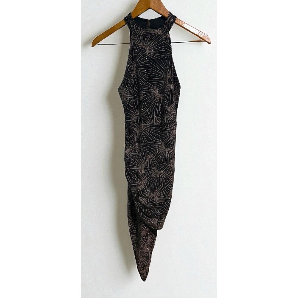 A’GACI Dress Women’s M Metallic Black Rose Gold Halter High Low Cocktail Party